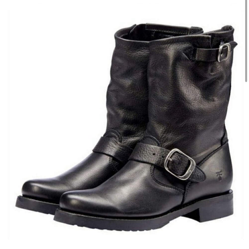FRYE Boots 9.5 Woman Leather Black Moto Buckle Shoes Classic Veronica Short Calf
